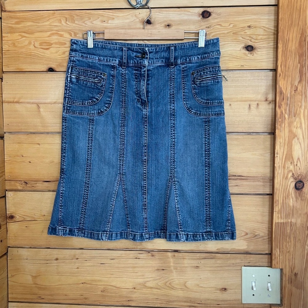 Vintage Denim Skirt Womens Size 13 Blue Y2K Midi A Line Utility Cargo Contrast